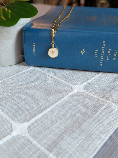 Gold Cross Necklace with Shell Inlay | Paperclip Chain Faith Necklace