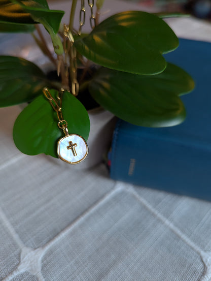 Gold Cross Necklace with Shell Inlay | Paperclip Chain Faith Necklace