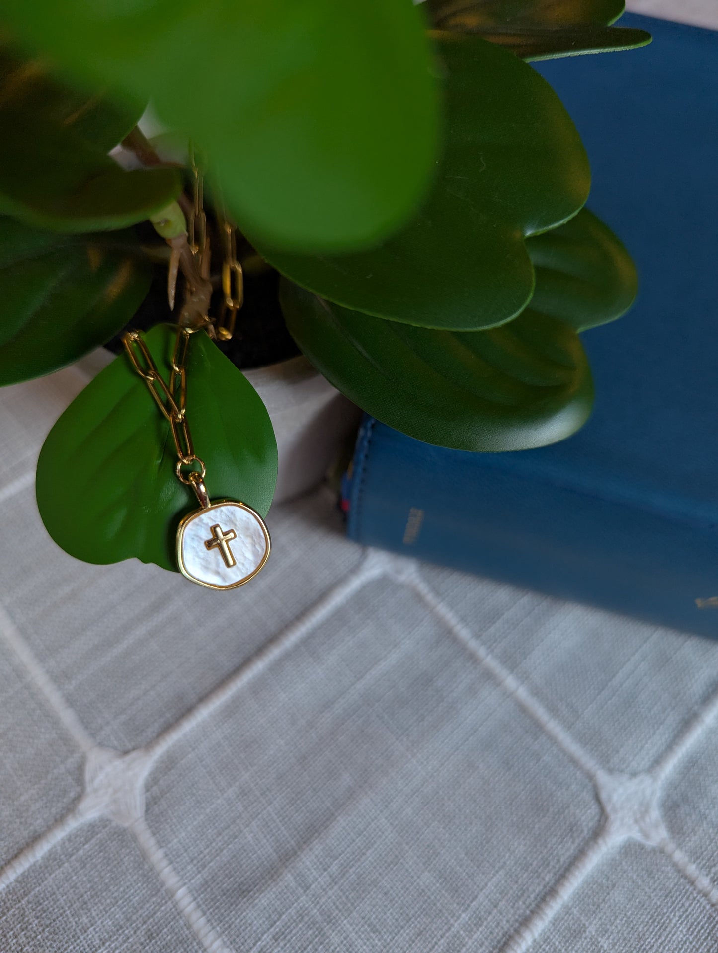 Gold Cross Necklace with Shell Inlay | Paperclip Chain Faith Necklace