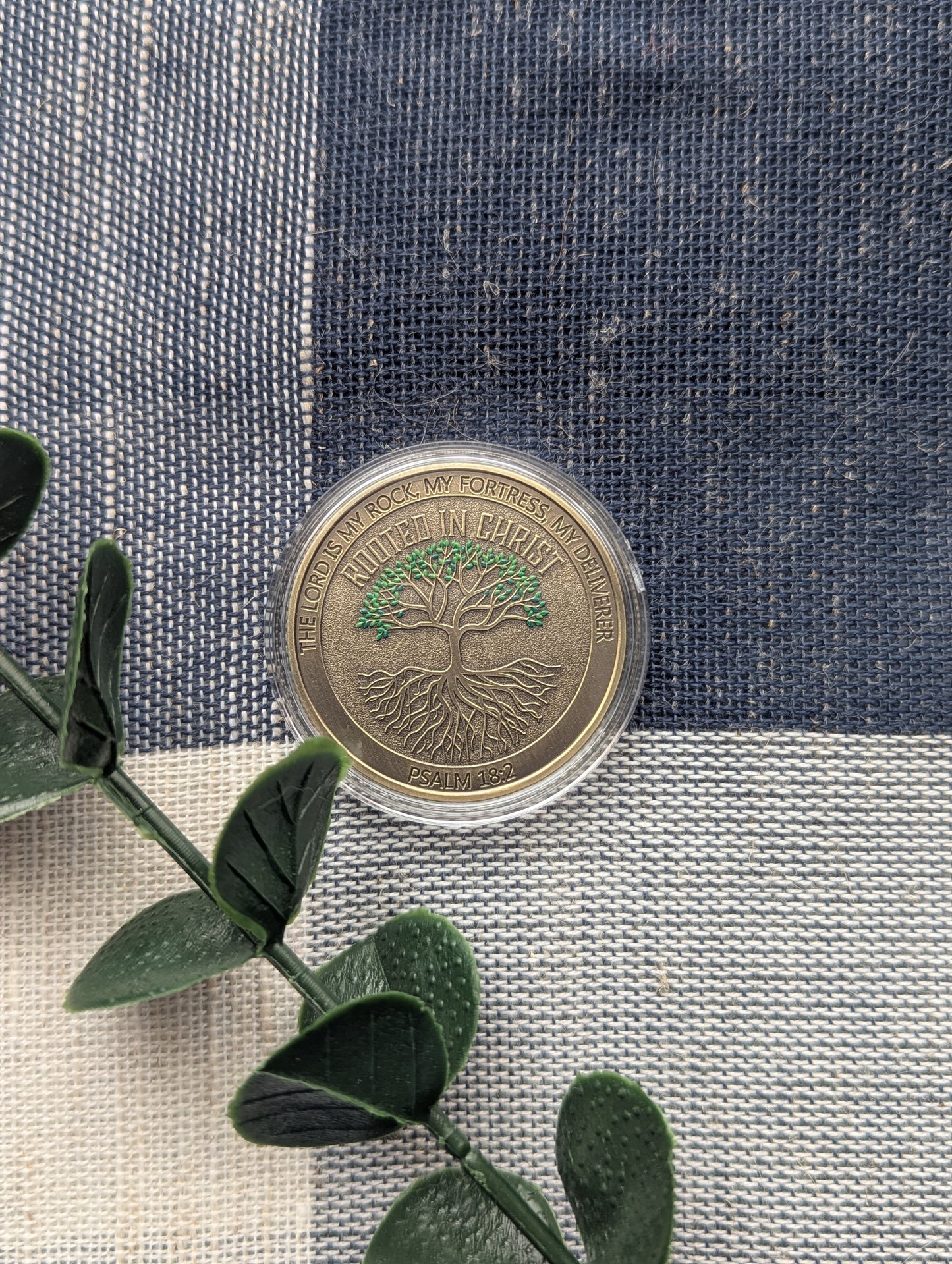 Rooted in Christ Challenge Coin - Psalm 18:2 - Deut. 31:8