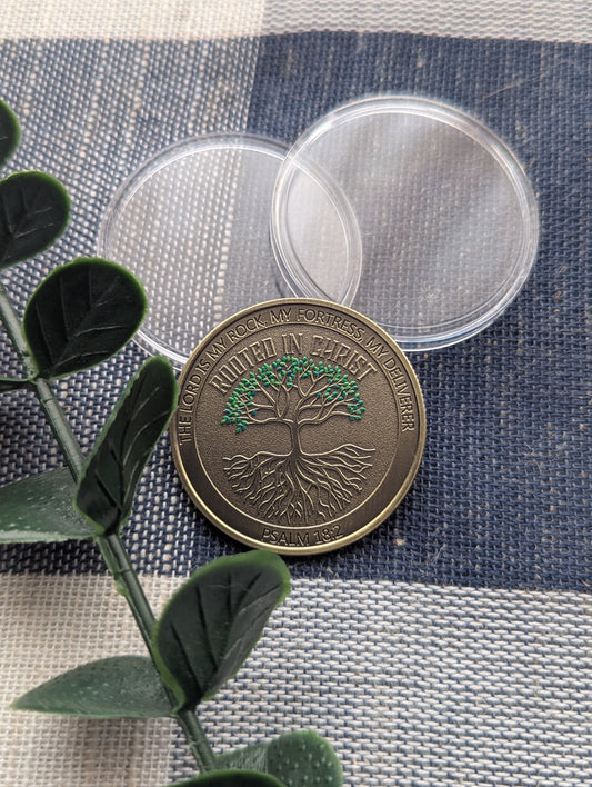 Rooted in Christ Challenge Coin - Psalm 18:2 - Deut. 31:8