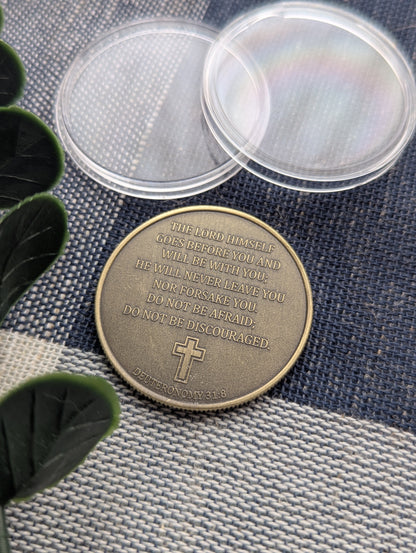 Rooted in Christ Challenge Coin - Psalm 18:2 - Deut. 31:8