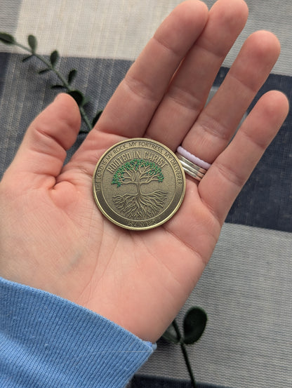Rooted in Christ Challenge Coin - Psalm 18:2 - Deut. 31:8