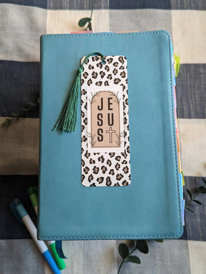 Cheetah Print “JESUS” Aluminum Bookmark with Cross | Christian Gift for Women | Faith-Inspired Bible Bookmark with Tassel