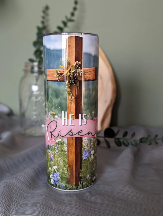 He is Risen | Resurrection Day | Easter | Wooden Cross | Floral | 20oz Stainless Steel Tumbler