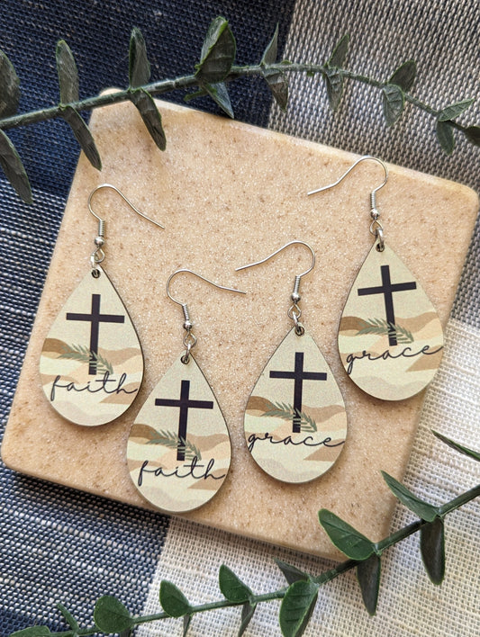 Faith or Grace | Cross and Palm Leaf | Neutral | Faith | Teardrop Earrings