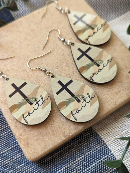 Faith or Grace | Cross and Palm Leaf | Neutral | Faith | Teardrop Earrings