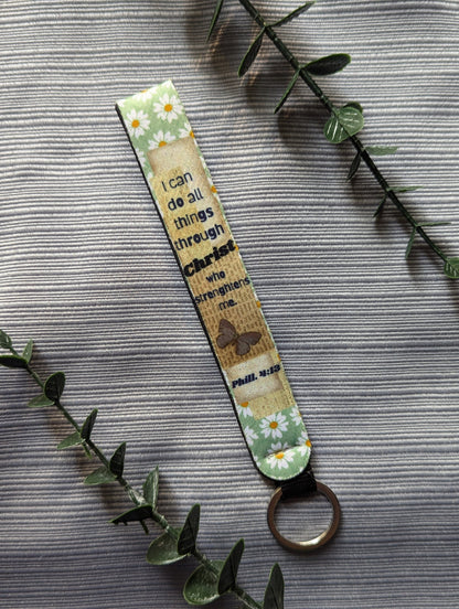 Philippians 4:13 Neoprene Keychain | “I Can Do All Things Through Christ” | Butterfly & Scrapbook Style | Wooden Cross Back | Christian Faith Gift