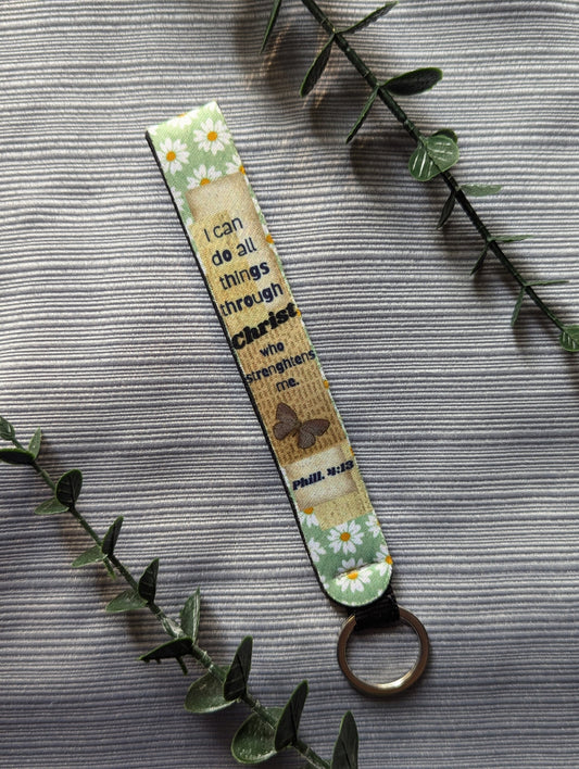Philippians 4:13 Neoprene Keychain | “I Can Do All Things Through Christ” | Butterfly & Scrapbook Style | Wooden Cross Back | Christian Faith Gift