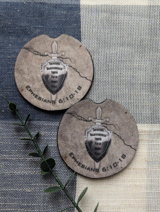 Armor of God Car Coasters: Ephesians 6, Sword & Shield, Neoprene (Set of 2)