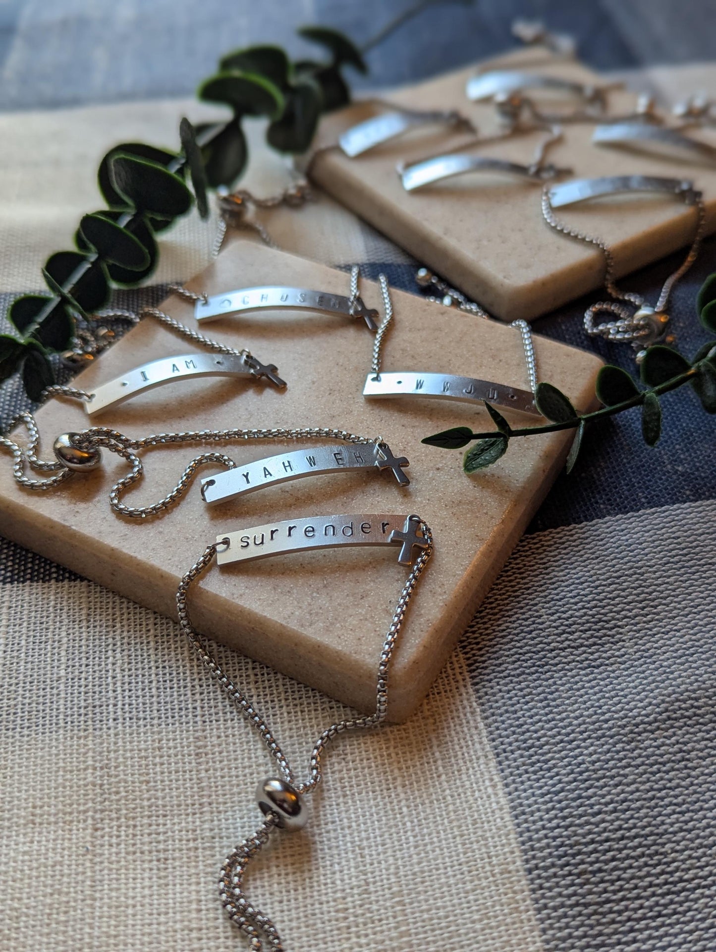Hand Stamped Christian Bracelet: Stainless Steel Slider, Cross Charm