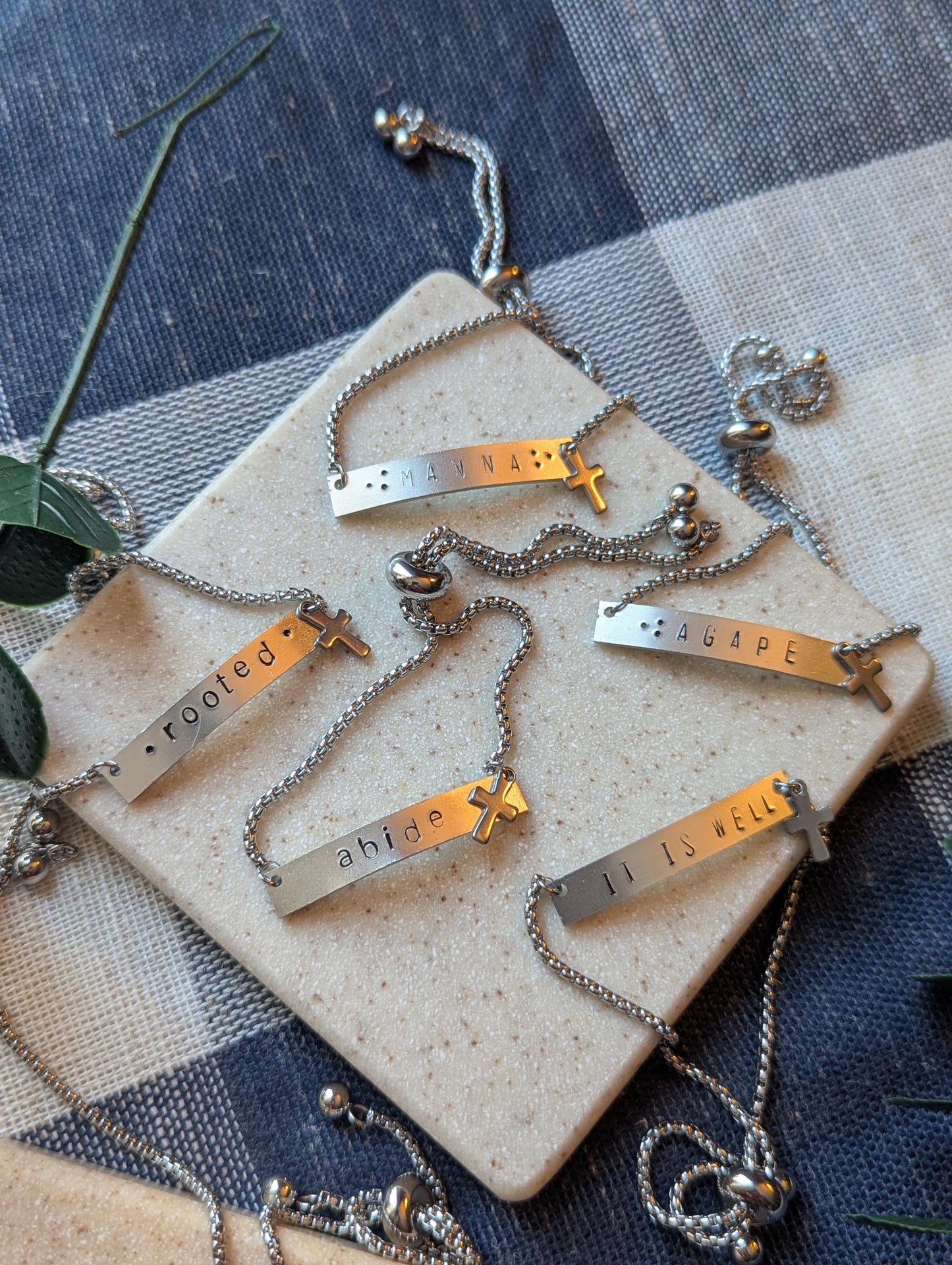 Hand Stamped Christian Bracelet: Stainless Steel Slider, Cross Charm