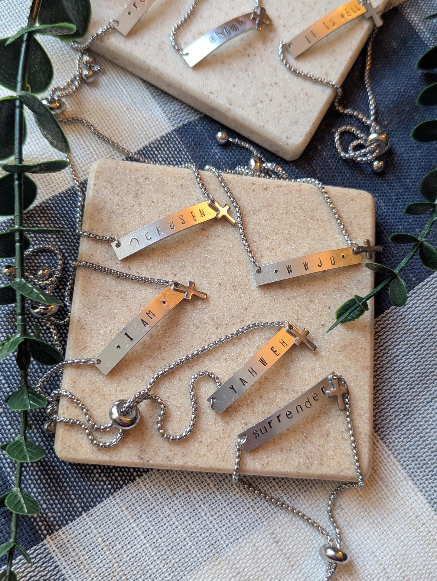 Hand Stamped Christian Bracelet: Stainless Steel Slider, Cross Charm