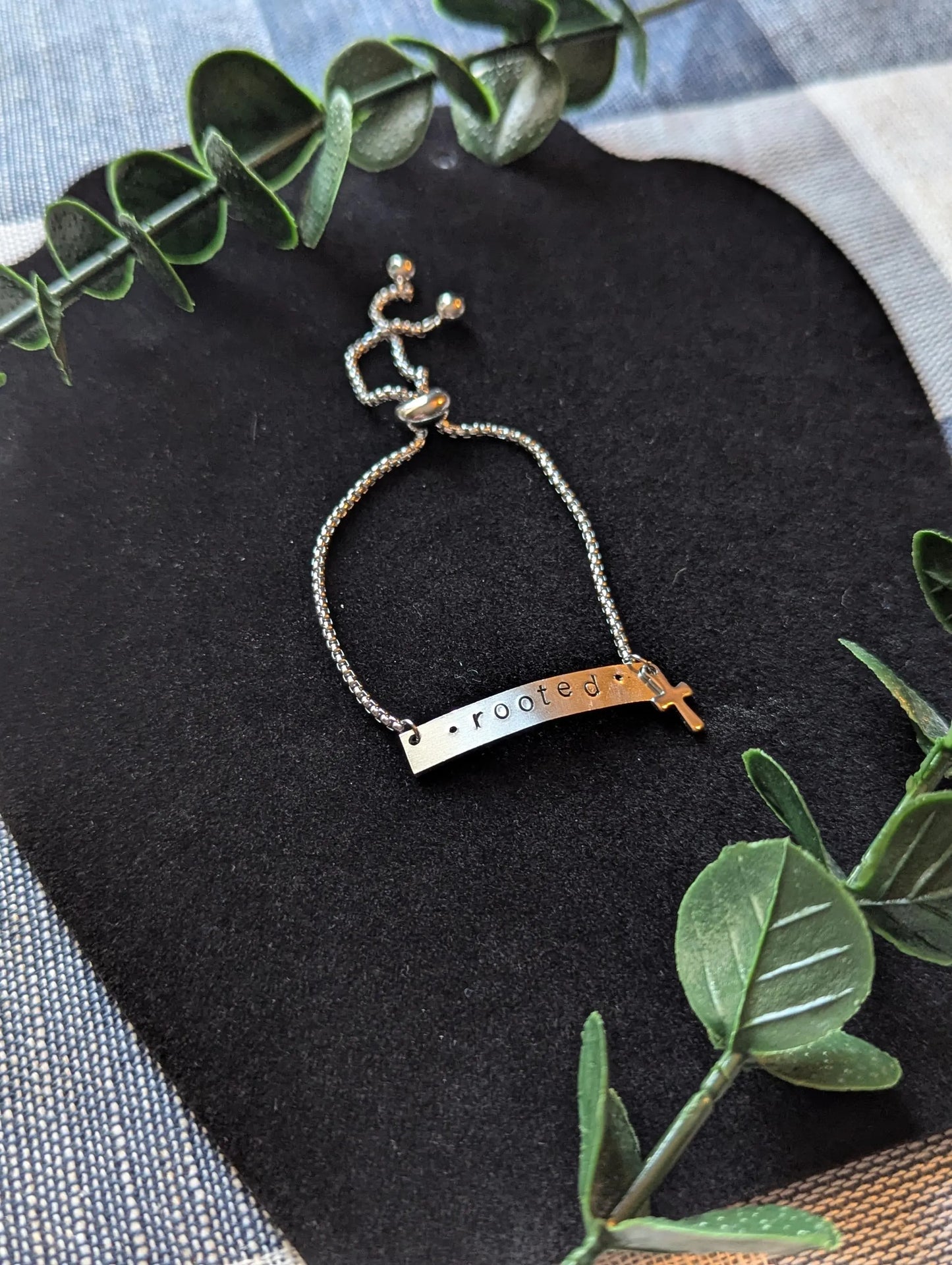 Hand Stamped Christian Bracelet: Stainless Steel Slider, Cross Charm