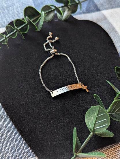 Hand Stamped Christian Bracelet: Stainless Steel Slider, Cross Charm