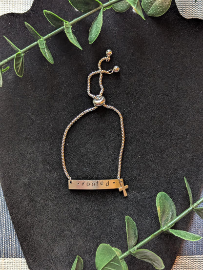Hand Stamped Christian Bracelet: Stainless Steel Slider, Cross Charm