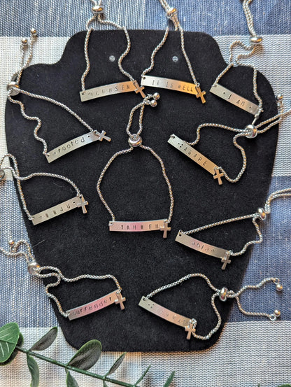 Hand Stamped Christian Bracelet: Stainless Steel Slider, Cross Charm