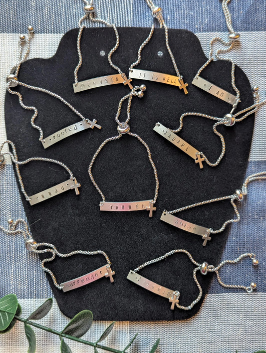 Hand Stamped Christian Bracelet: Stainless Steel Slider, Cross Charm