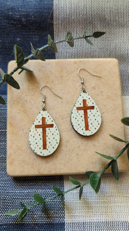Multi Color Diamond Shaped Dots | Wooden Cross | Neutral | Faith | Christian | Teardrop Earrings