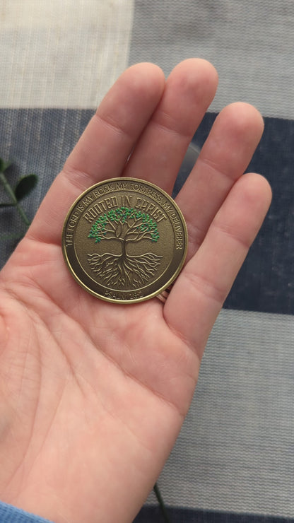 Rooted in Christ Challenge Coin - Psalm 18:2 - Deut. 31:8
