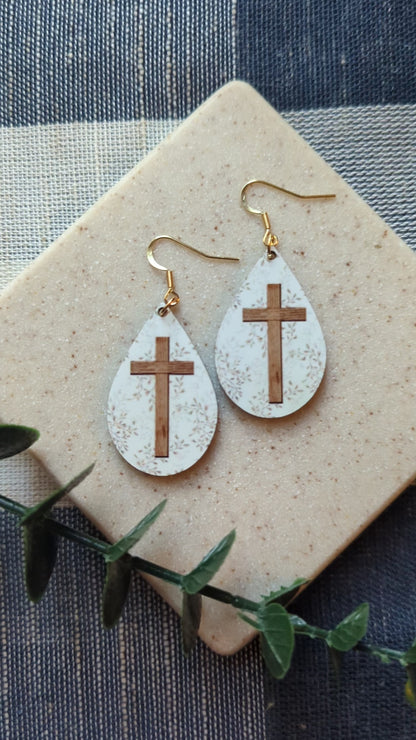 Leafy | Floral Background | Wooden Cross | Neutral | Faith | Christian | Teardrop Earrings | Gold-Filled Hooks