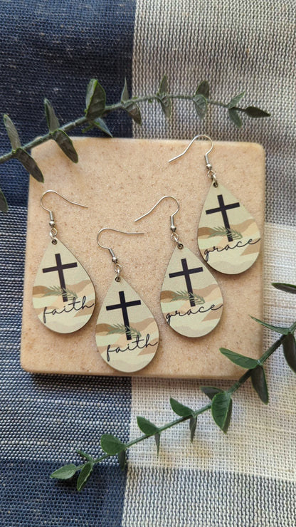 Faith or Grace | Cross and Palm Leaf | Neutral | Faith | Teardrop Earrings