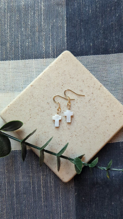 Dainty Shell Cross Earrings | Freshwater Shell with Gold-Filled Hooks | Christian Gift for Her | Lightweight & Elegant Faith Jewelry