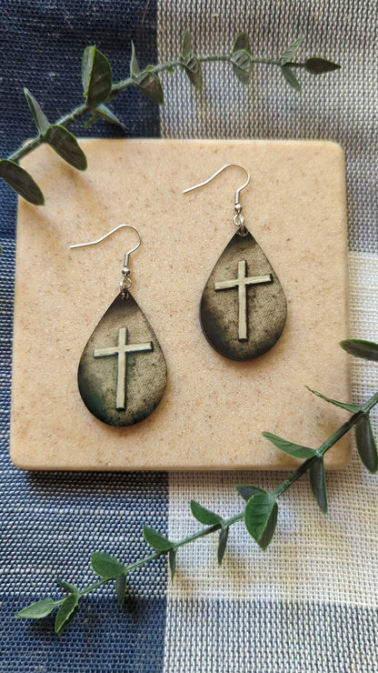 Weathered | Worn | Antiqued | Cross | Neutral |Faith | Christian | Teardrop Earrings