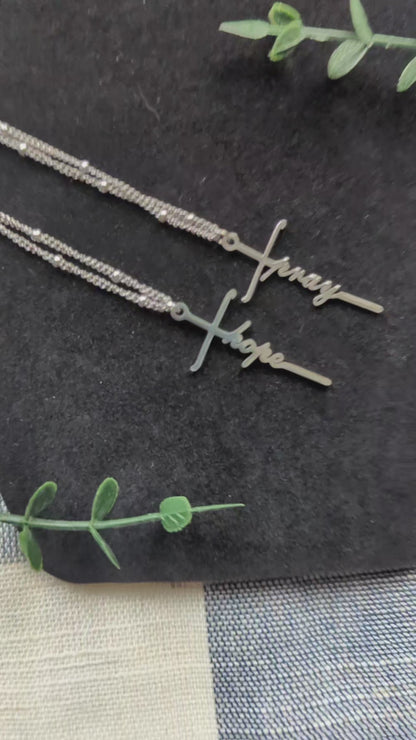 Pray or Hope Cross Pendant | Stainless Steel | Satellite Bead Chain