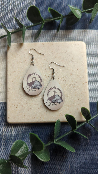 Our Savior Lives | Resurrection Day | Easter | Neutral | 3 Crosses | Empty Tomb | Crown of Thorns | Faith | Christian | Teardrop Earrings