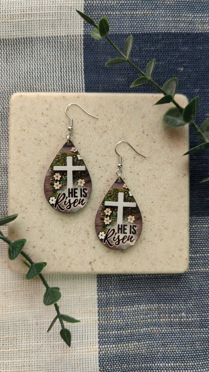 He Is Risen | Resurrection Day | Easter | Floral | Cross | Faith | Christian| Teardrop Earrings