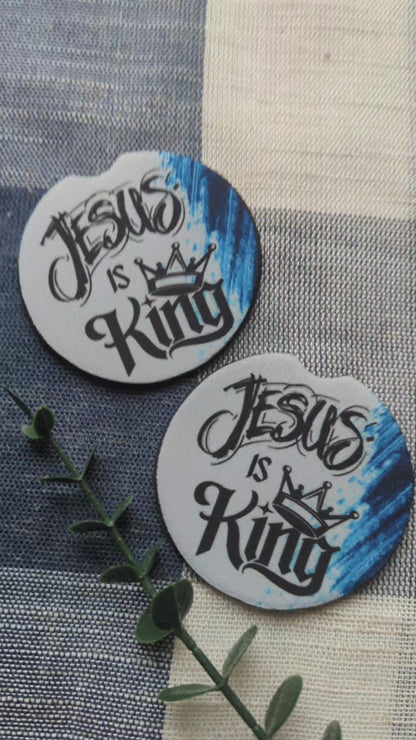 Jesus is King Car Coasters: Blue Paint Smudge, Crown, Neoprene (Set of 2)