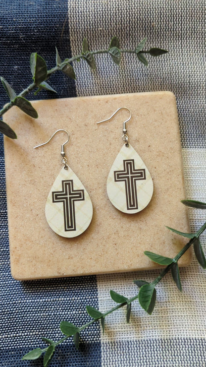 Checkered Background | Double Cross | Neutral | Faith | Christian | Teardrop Earrings