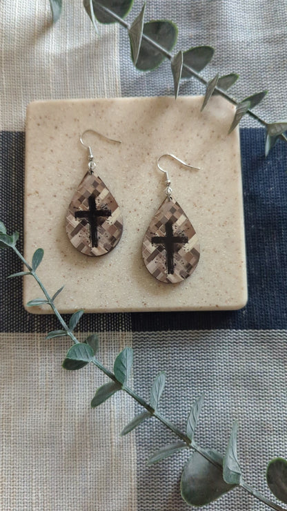 Checkered | Wooden Background | Paint Splatter | Cross | Neutral | Faith | Christian | Teardrop Earrings
