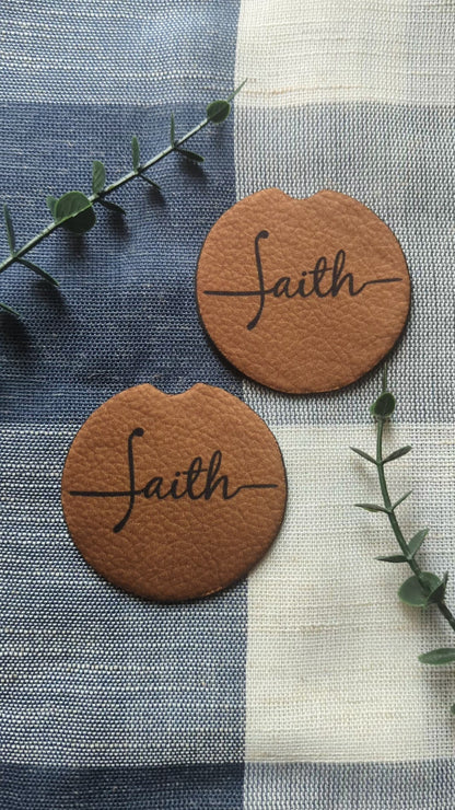 Christian Faith Car Coaster | Faux Leather Look | Neoprene Absorbant Car Cup Holder Protector