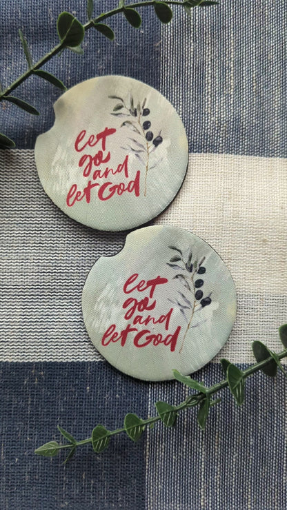Christian Car Coasters (Set of 2): Let go and Let God Neoprene Cup Holder