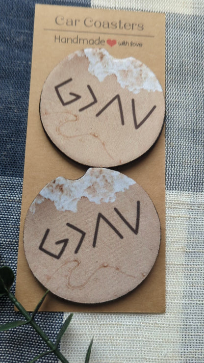 Christian Car Coasters: God Is Greater, Beach Waves - Neoprene Cup Holder Set