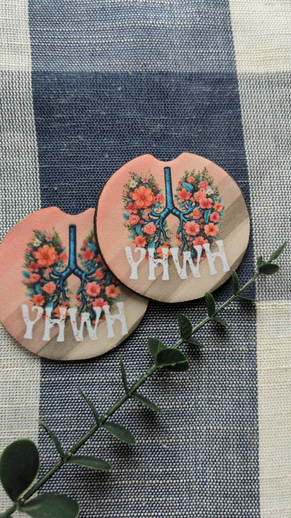 Christian Car Coasters: YHWH Floral Lungs, Neoprene Cup Holder (Set of 2)