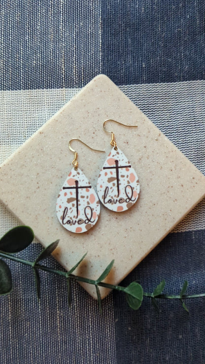 Christian Teardrop Dangle Earrings | Terrazzo Print | Nail Cross | Loved | Faith | Gold-Filled Hooks