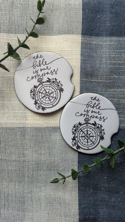 Christian The Bible is Our Compass Car Coasters | Faith | Neoprene Absorbent Car Cup Holder Protector