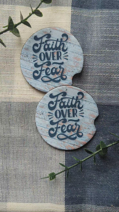 Christian Car Coasters (Set of 2): Faith over fear Neoprene Cup Holder Set