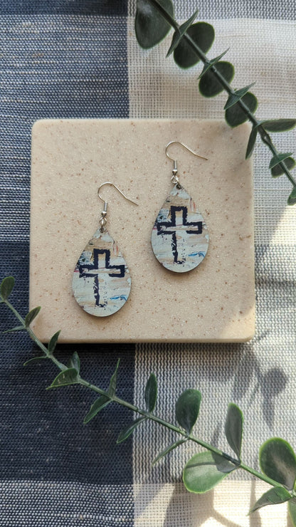 Textured Cross Earrings | Painted Teardrop Dangles | Lightweight Faux Paint Christian Jewelry | Faith Gift for Women
