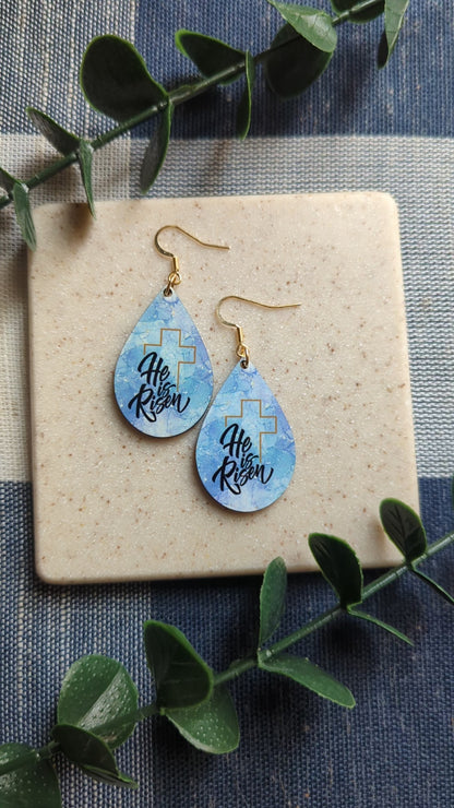 He Is Risen | Resurrection Day | Easter | Watercolor | Gold Cross | Faith | Christian | Teardrop Earrings