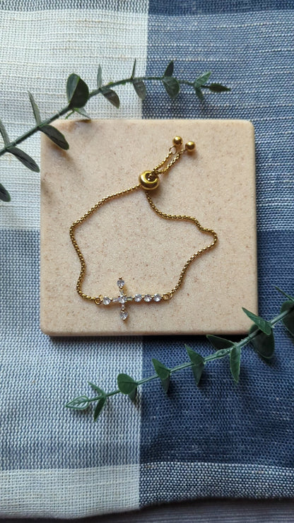 Gold Cross Bracelet: Cubic Zirconia Stainless Steel Bolo Bracelet