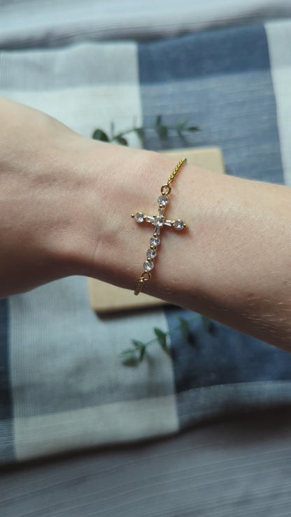 Gold Cross Bracelet: Cubic Zirconia Stainless Steel Bolo Bracelet
